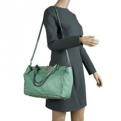 Pre Owned Valentino Light Green Leather Medium Rockstud Tote