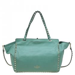Pre Owned Valentino Light Green Leather Medium Rockstud Tote