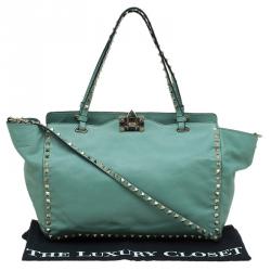 Pre Owned Valentino Light Green Leather Medium Rockstud Tote