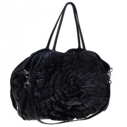 Pre Owned Valentino Black Ruffle Nappa Leather XL Petale Rose Tote