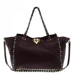 Pre Owned Valentino Burgundy Leather Medium Rockstud Tote