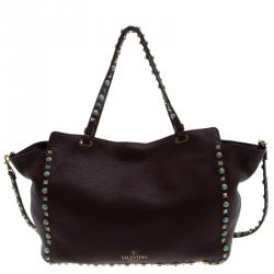 Pre Owned Valentino Burgundy Leather Medium Rockstud Tote