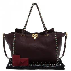 Pre Owned Valentino Burgundy Leather Medium Rockstud Tote