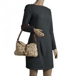 Pre Owned Valentino Beige Crochet Raffia Jewel Embellished Catch Shoulder Bag