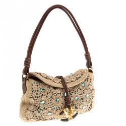 Pre Owned Valentino Beige Crochet Raffia Jewel Embellished Catch Shoulder Bag
