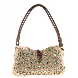 Pre Owned Valentino Beige Crochet Raffia Jewel Embellished Catch Shoulder Bag