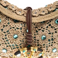 Pre Owned Valentino Beige Crochet Raffia Jewel Embellished Catch Shoulder Bag