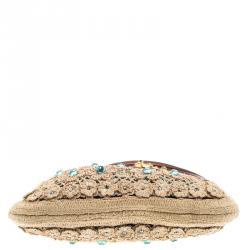 Pre Owned Valentino Beige Crochet Raffia Jewel Embellished Catch Shoulder Bag