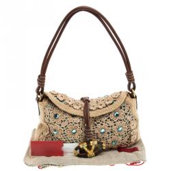 Pre Owned Valentino Beige Crochet Raffia Jewel Embellished Catch Shoulder Bag