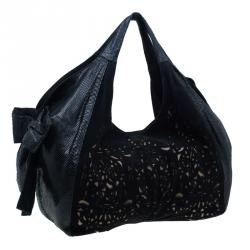Pre Owned Valentino Black Suede and Python Nuage Bow Tote