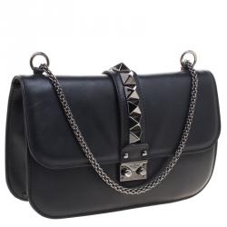 Pre Owned Valentino Black Leather Rockstud Medium Glam Lock Flap Bag