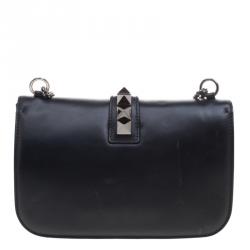 Pre Owned Valentino Black Leather Rockstud Medium Glam Lock Flap Bag