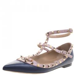 Pre Owned Valentino Blue and Beige Leather Rockstud T Strap Ballet Flats Size 39