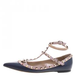 Pre Owned Valentino Blue and Beige Leather Rockstud T Strap Ballet Flats Size 39