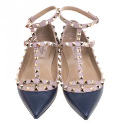 Pre Owned Valentino Blue and Beige Leather Rockstud T Strap Ballet Flats Size 39