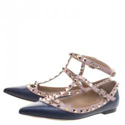 Pre Owned Valentino Blue and Beige Leather Rockstud T Strap Ballet Flats Size 39