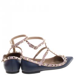 Pre Owned Valentino Blue and Beige Leather Rockstud T Strap Ballet Flats Size 39