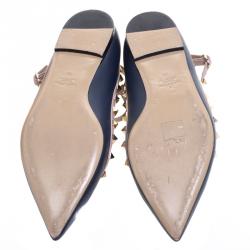 Pre Owned Valentino Blue and Beige Leather Rockstud T Strap Ballet Flats Size 39