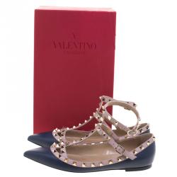 Pre Owned Valentino Blue and Beige Leather Rockstud T Strap Ballet Flats Size 39