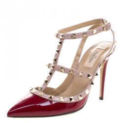 Pre Owned Valentino Red and Beige Patent Leather Rockstud Sandals Size 39