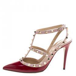 Pre Owned Valentino Red and Beige Patent Leather Rockstud Sandals Size 39
