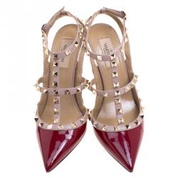 Pre Owned Valentino Red and Beige Patent Leather Rockstud Sandals Size 39