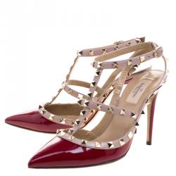 Pre Owned Valentino Red and Beige Patent Leather Rockstud Sandals Size 39