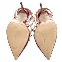 Pre Owned Valentino Red and Beige Patent Leather Rockstud Sandals Size 39