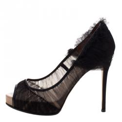 Pre Owned Valentino Black Draped Net Peep Toe Pumps Size 37