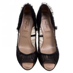 Pre Owned Valentino Black Draped Net Peep Toe Pumps Size 37