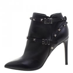 Pre Owned Valentino Black Leather Rockstud Pointed Toe Ankle Boots Size 37.5