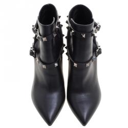 Pre Owned Valentino Black Leather Rockstud Pointed Toe Ankle Boots Size 37.5