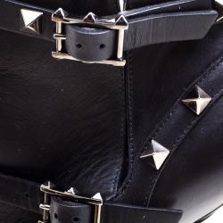 Pre Owned Valentino Black Leather Rockstud Pointed Toe Ankle Boots Size 37.5