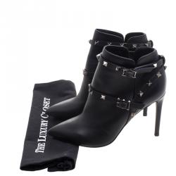 Pre Owned Valentino Black Leather Rockstud Pointed Toe Ankle Boots Size 37.5