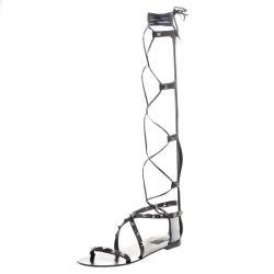 Pre Owned Valentino Black Leather Knee High Rockstud Gladiator Sandals Size 38