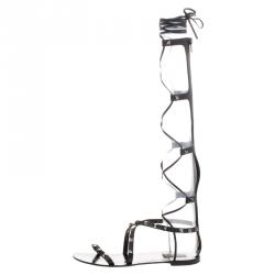 Pre Owned Valentino Black Leather Knee High Rockstud Gladiator Sandals Size 38