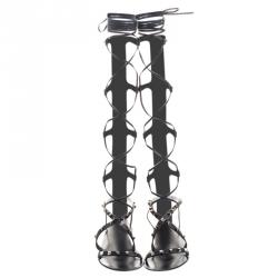 Pre Owned Valentino Black Leather Knee High Rockstud Gladiator Sandals Size 38