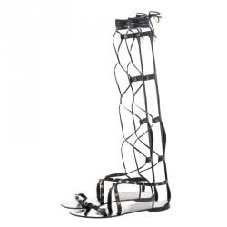 Pre Owned Valentino Black Leather Knee High Rockstud Gladiator Sandals Size 38