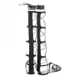 Pre Owned Valentino Black Leather Knee High Rockstud Gladiator Sandals Size 38