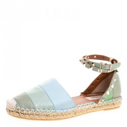 Pre Owned Valentino Tricolor Striped Leather Rockstud Ankle Strap Flat Espadrilles Size 38