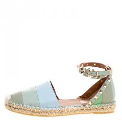 Pre Owned Valentino Tricolor Striped Leather Rockstud Ankle Strap Flat Espadrilles Size 38