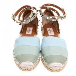 Pre Owned Valentino Tricolor Striped Leather Rockstud Ankle Strap Flat Espadrilles Size 38