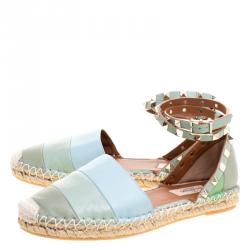 Pre Owned Valentino Tricolor Striped Leather Rockstud Ankle Strap Flat Espadrilles Size 38