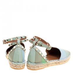 Pre Owned Valentino Tricolor Striped Leather Rockstud Ankle Strap Flat Espadrilles Size 38