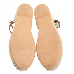 Pre Owned Valentino Tricolor Striped Leather Rockstud Ankle Strap Flat Espadrilles Size 38