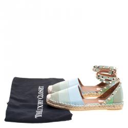Pre Owned Valentino Tricolor Striped Leather Rockstud Ankle Strap Flat Espadrilles Size 38
