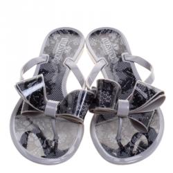 Pre Owned Valentino Grey Lace Jelly Thong Flip Flops Size 38