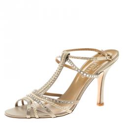 Pre Owned Valentino Beige Crystal Embellished Satin T Strap Sandals Size 39.5