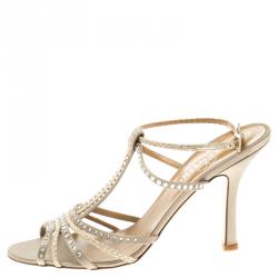 Pre Owned Valentino Beige Crystal Embellished Satin T Strap Sandals Size 39.5