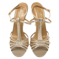 Pre Owned Valentino Beige Crystal Embellished Satin T Strap Sandals Size 39.5